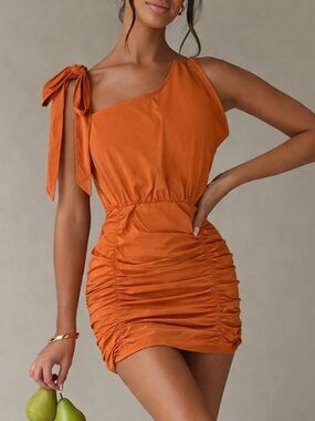 NWT Lily Coco orange, mini detailed ruched bottom dress size S.
